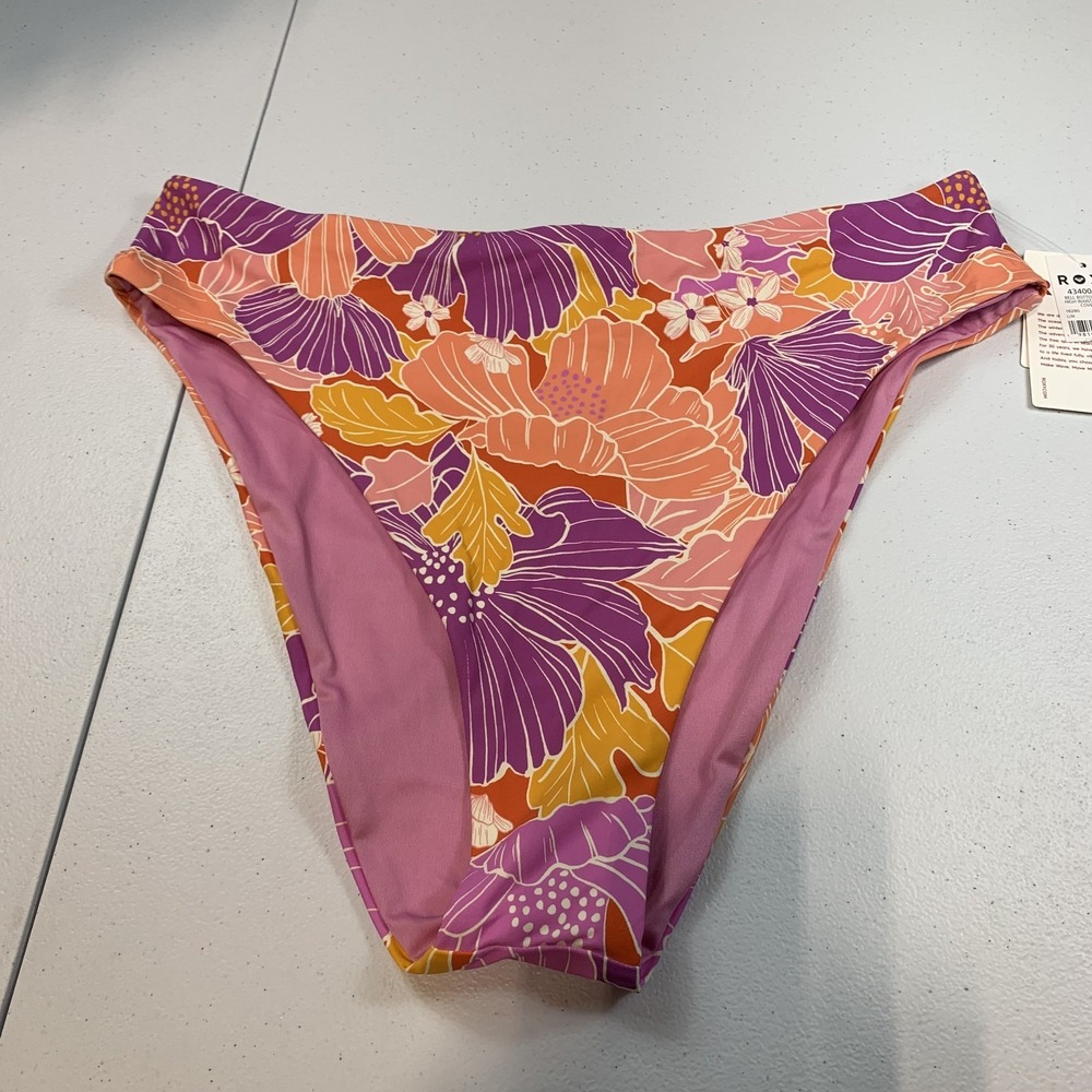 Roxy Women's Swim Bikini Bottom XL Bell Bottom Blooms High Waist Pink Floral